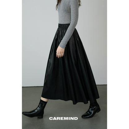 CAREMIND [Urban Street] Ball New PU Rubber Band Waist Skinny Leather Skirt Women's Imitation Sheepskin Skirt