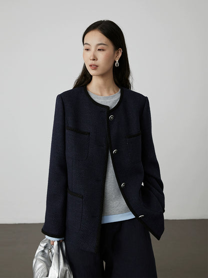 [Italian Slack] CAREMIND Chic Navy Blau Xiaoxiangfeng Jacke Neue Premium Temperament Kurze Top Herbst 