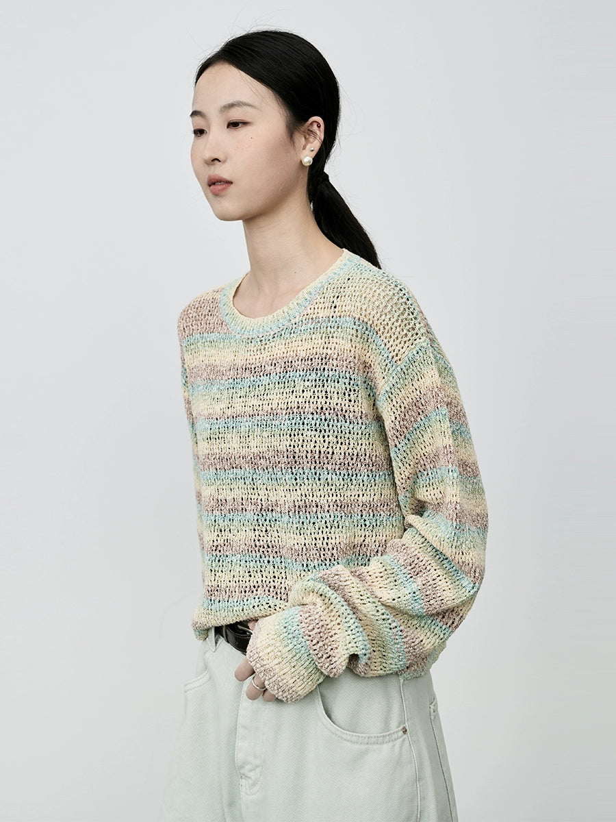 CAREMIND Macaron Weicher Wachsmilch-Strickpullover Sanfter, lässiger, langärmeliger, gestreifter Pullover 