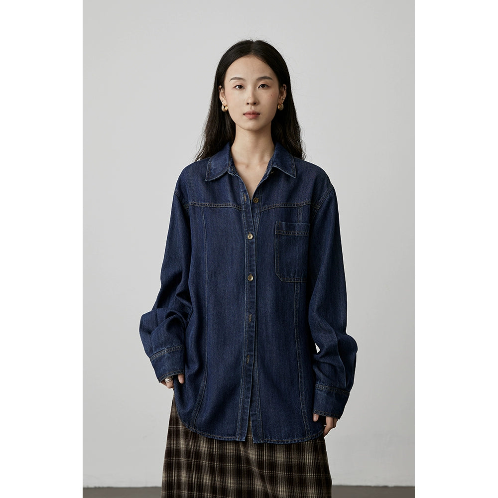 [Tencel Denim] CAREMIND Klassisches Retro-Jeanshemd im Hong Kong-Stil in Dunkelblau, lockere Strickjacke für Damen 