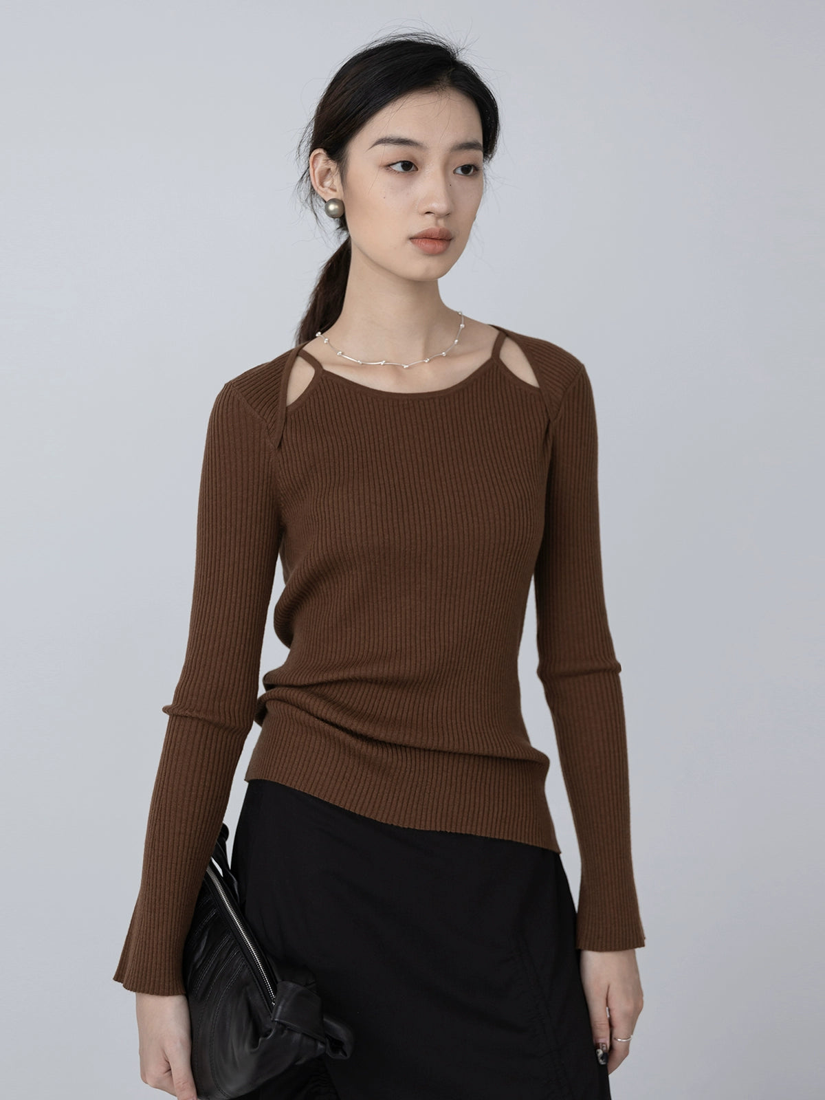 [Zeitlich Begrenztes Angebot] Gemütlicher, geschwungener, schulterfreier Strickpullover für Damen, Premium Sense Saddle Spring Brown Upper 