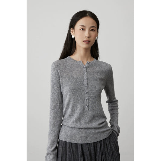 CAREMIND literary and retro sense Henry neck knitted sweater female slim high elastic wool sweater with long-sleeved T-shirt inside