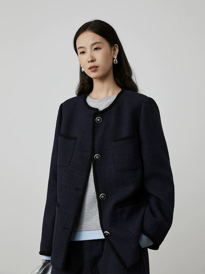 [Italian Slack] CAREMIND Chic Navy Blau Xiaoxiangfeng Jacke Neue Premium Temperament Kurze Top Herbst 