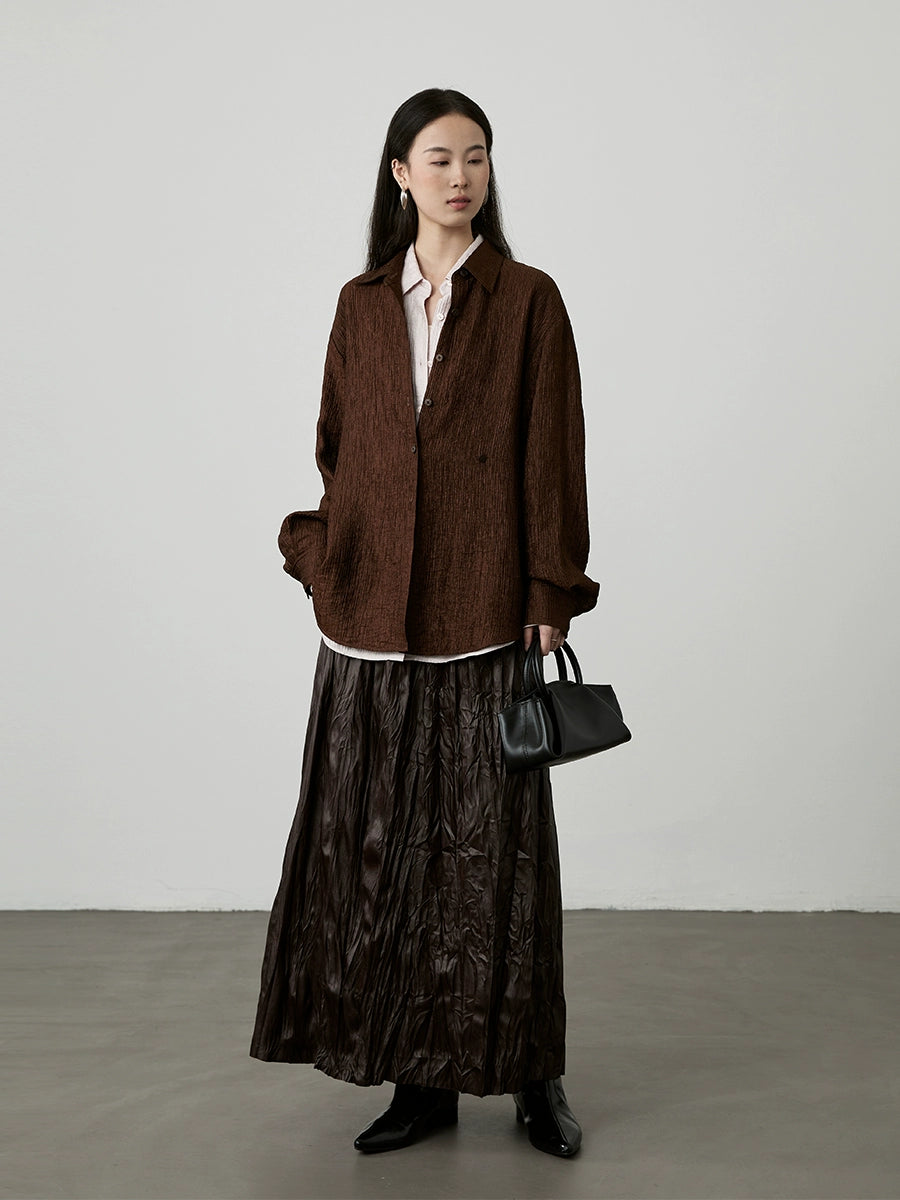 [Wandering the earth] CAREMIND chic brown-red pleated texture skirt niche versatile design long dress