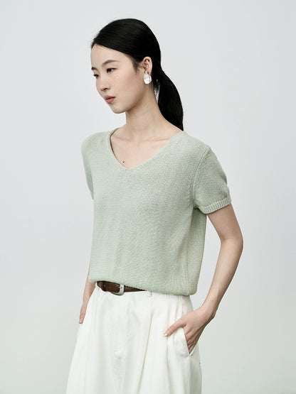 CAREMIND Casual Knitted Sweater Top 100 High Twist Cotton Versatile Solid Color Age Reduction Short Sleeve T-Shirt Women