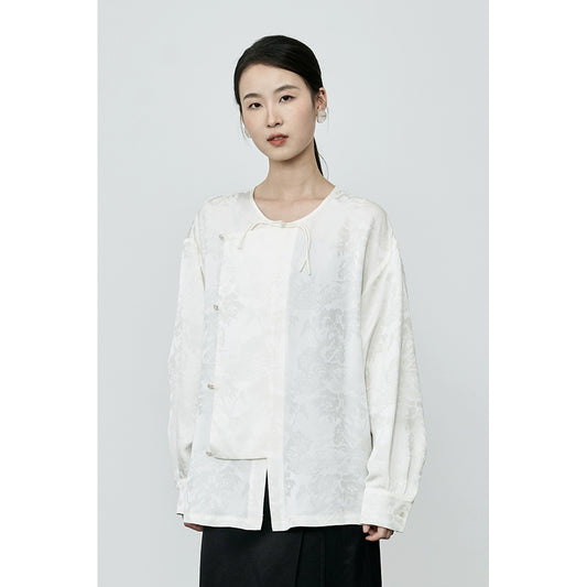 CAREMIND apricot jacquard diagonal placket button-up long-sleeved shirt premium national style satin temperament top