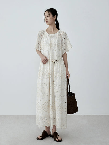 CAREMIND Heavy Industry Hollow-out Embroidered Beige Dress Women's Summer French Elegant Long Dress with Belt