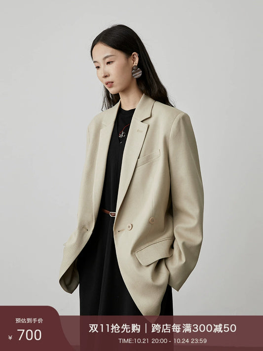 CAREMIND apricot premium Korean version blazer 2024 spring and autumn mulberry silk high-quality casual small suit top