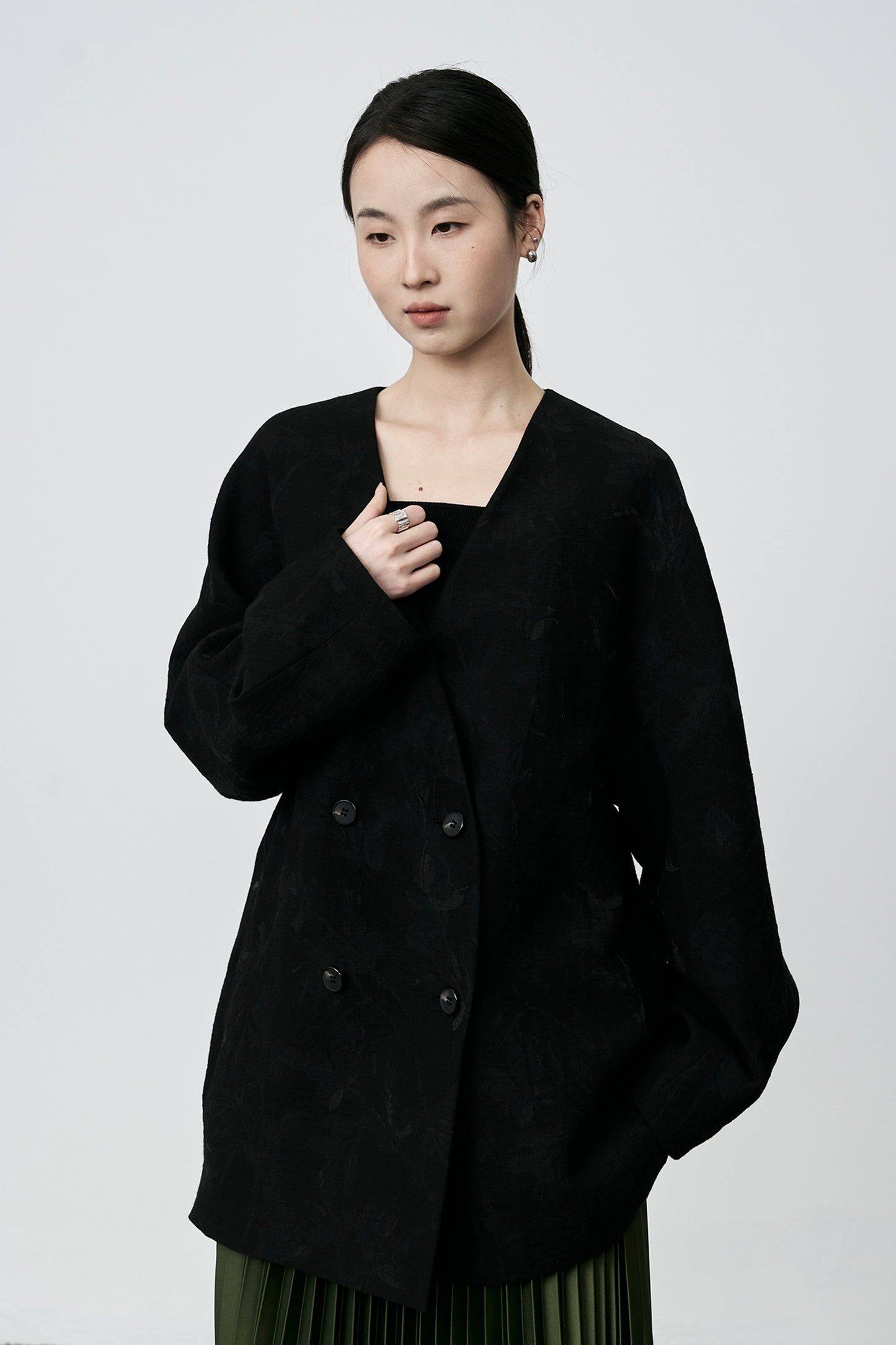 CAREMIND black chic collarless suit design Chinese dark pattern jacquard exquisite coat women