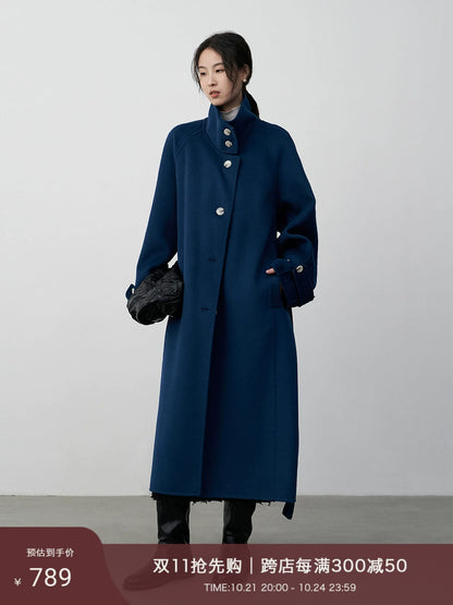 CAREMIND British retro premium blue thickened wool coat women's autumn and winter new double-sided woolen long coat