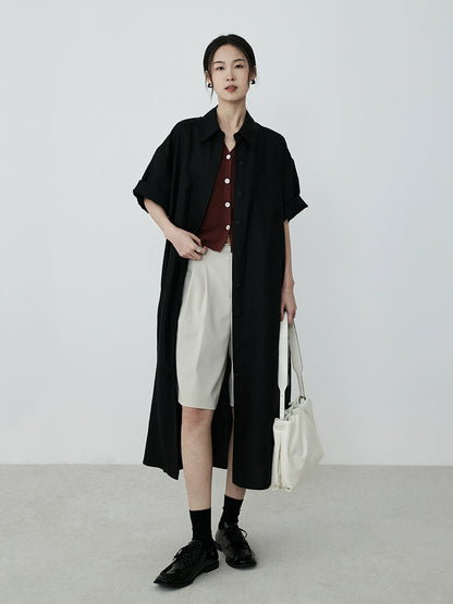 CAREMIND black minimalist linen shirt skirt temperament commuter long skirt thin coat top women