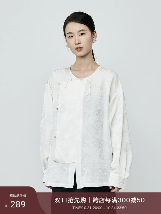 CAREMIND apricot jacquard diagonal placket button-up long-sleeved shirt premium national style satin temperament top