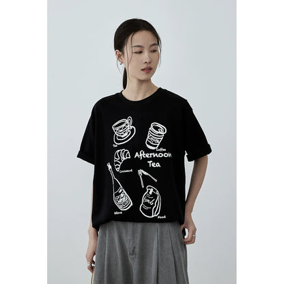 CAREMIND black and white minimalist afternoon tea printed T-shirt front shoulder graffiti casual short sleeve summer new