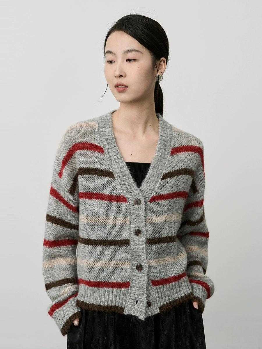 CAREMIND Japanische Retro-Strickjacke in Kontrastfarbe für Damen, hochwertig, strukturiertes Mohair-Oberteil 