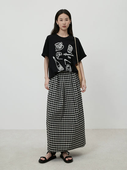 CAREMIND Hong Kong-style black and white plaid skirt autumn new retro high-waisted design long skirt