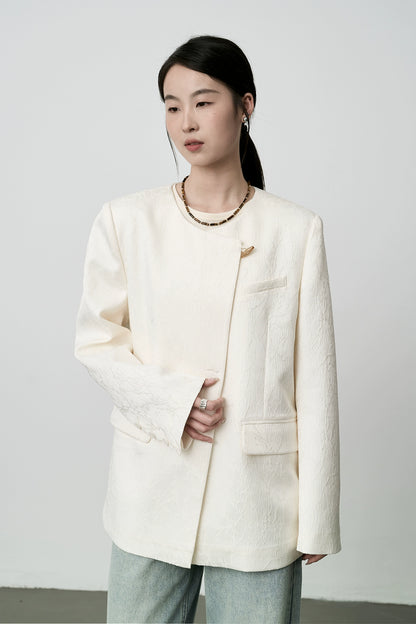 CAREMIND White Apricot New Chinese Design Blazer Women's Textured Quality Suit Top