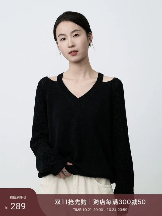 CAREMIND Black Skinny Shoulder Clavicle Temperament Knitted Sweater Early Spring Lazy Relaxing Top