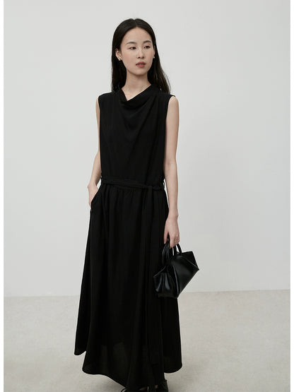 CAREMIND black sleeveless swing neck waist design dress commuting simple temperament long dress