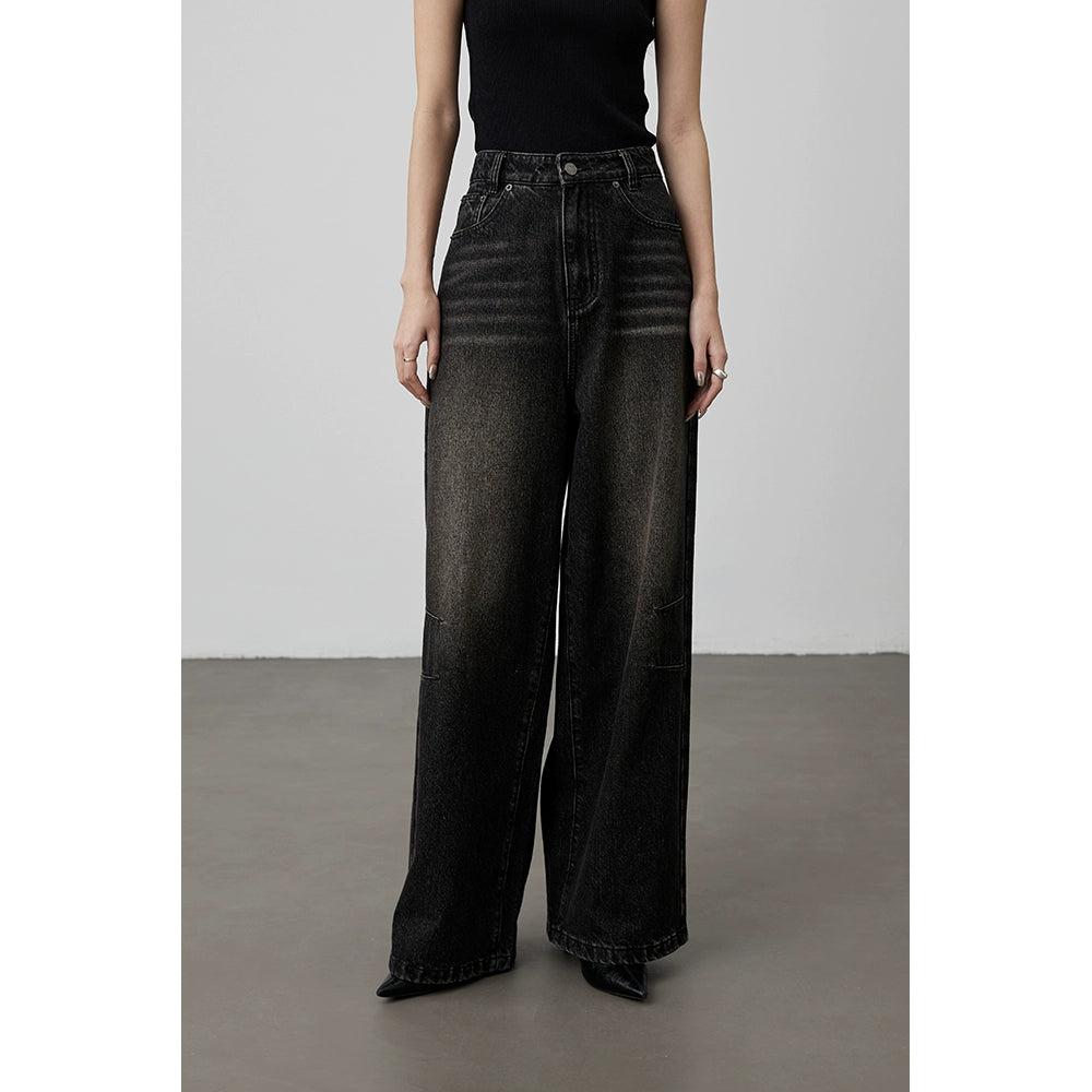 [Tiger Eye Black Denim] CAREMIND Schwarze, kaffeefarbene, gerade Retro-Hose mit weitem Bein für den Winter 2024 für Damen 