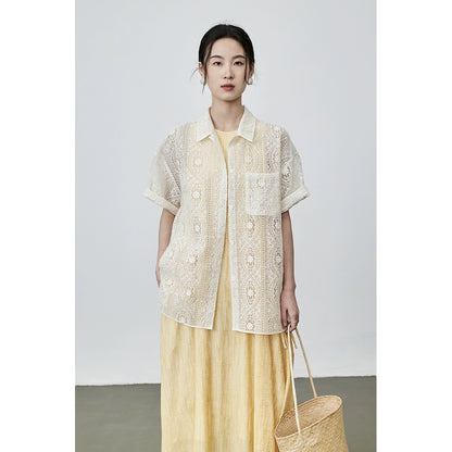 CAREMIND Vintage Japanese Lace Hollow Short Sleeve Top Apricot Embroidered Stacked Versatile Shirt