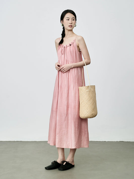 CAREMIND holiday style smudged pink suspender dress pleated texture a word long skirt