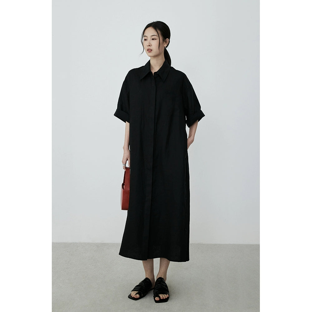 CAREMIND black minimalist linen shirt skirt temperament commuter long skirt thin coat top women