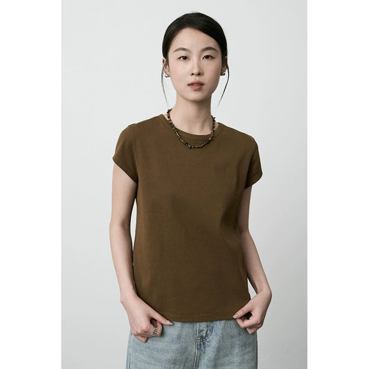 CAREMIND front shoulder thin solid color round neck short-sleeved T-shirt Korean version loose casual top inside