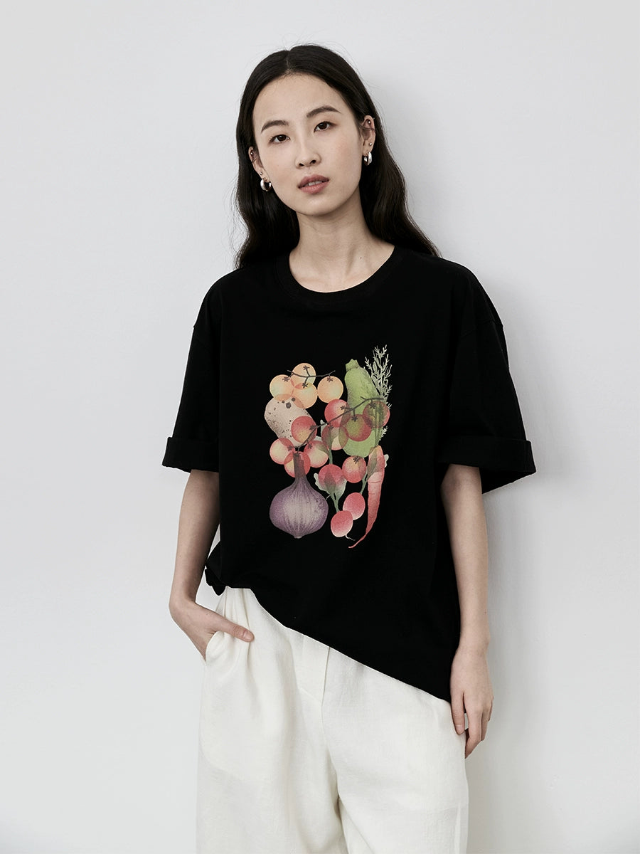 CAREMIND Lustiges T-Shirt mit Obst- und Gemüsedruck im japanischen Stil, schlichtes, literarisches und frisches Kurzarmhemd aus Baumwolle 