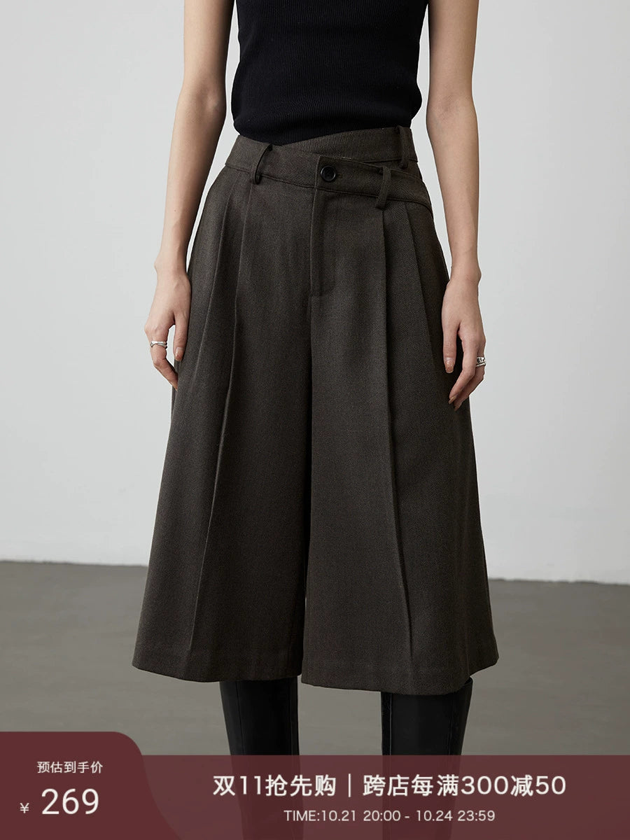 [Reithose] CAREMIND schicke weit geschnittene Hose mit asymmetrischem Design und versetzter Taille, kaffeegrüne mittlere Hose 