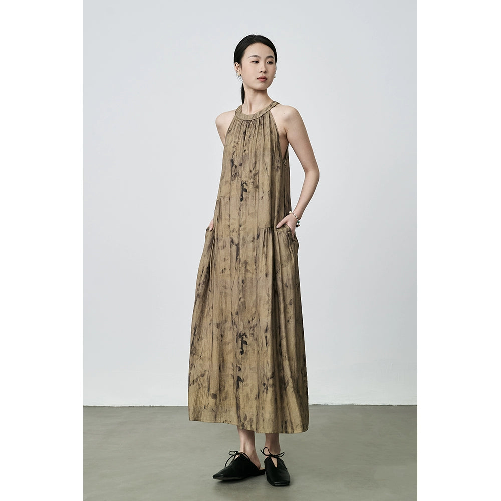 [Leaf Shadow Dress] CAREMIND Neues chinesisches gelbgrünes Blumenhals-Langkleid ärmelloses Hosenträgerkleid 