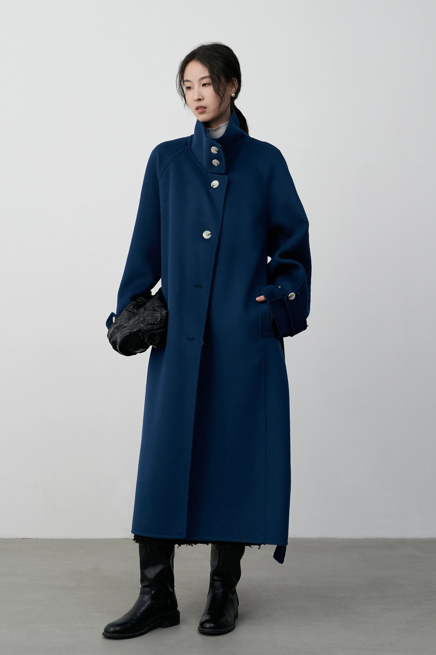 CAREMIND British retro premium blue thickened wool coat women's autumn and winter new double-sided woolen long coat