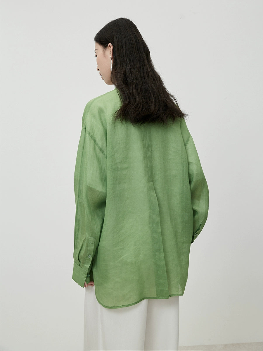 CAREMIND green pure ramie shirt autumn new thin outer versatile cardigan top commuter