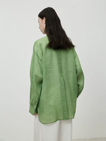 CAREMIND green pure ramie shirt autumn new thin outer versatile cardigan top commuter