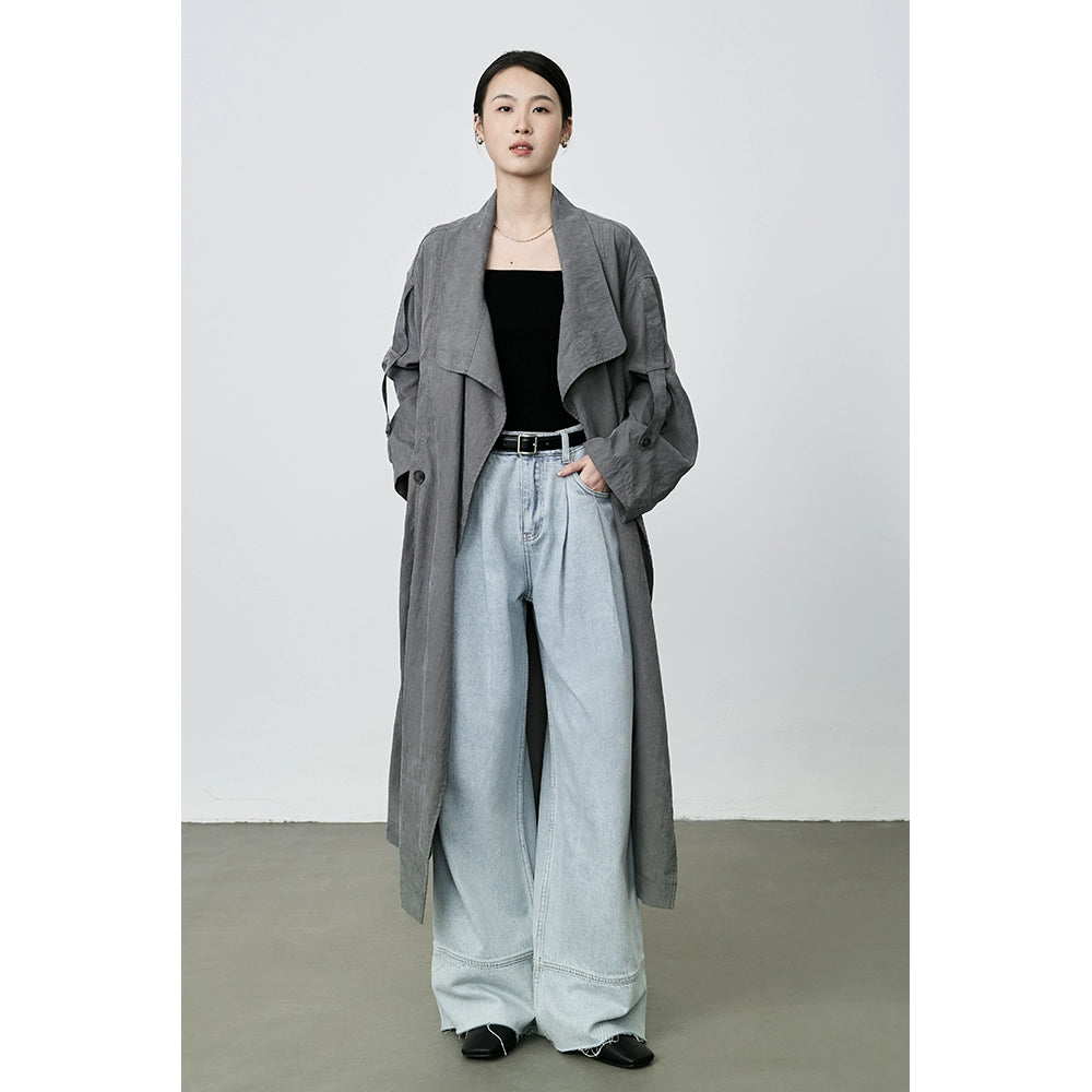 CAREMIND Casual loose gray medium and long trench coat French retro temperament thin coat women