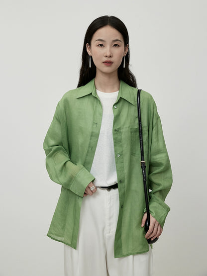 CAREMIND green pure ramie shirt autumn new thin outer versatile cardigan top commuter