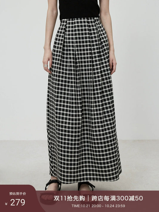 CAREMIND Hong Kong-style black and white plaid skirt autumn new retro high-waisted design long skirt