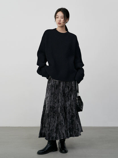 CAREMIND Gray national style ink splashing water ripple skirt high waist pleated texture velvet a word skirt autumn