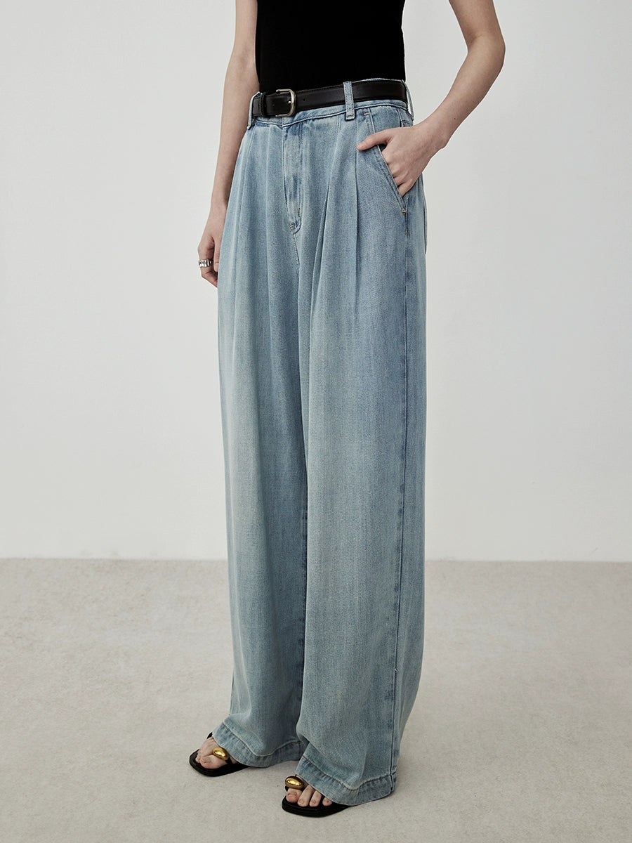 CAREMIND Blue Vintage Narrow Wide Leg Pants Premium Lyocell Summer Long Jeans Women