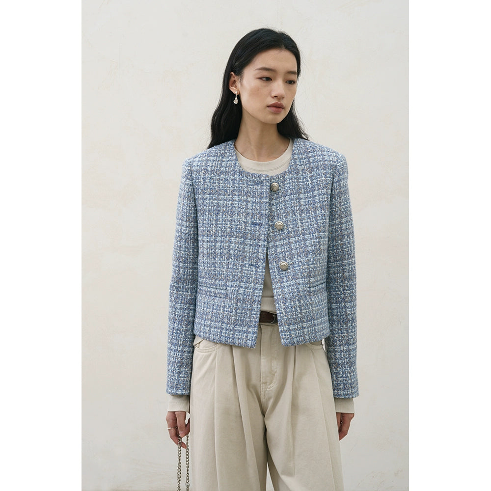 [Zeitlich begrenztes Sonderangebot] Originaldesign blaue Xiaoxiangfeng-Jacke Herbst und Winter Tweed kurzes Oberteil Pendeln 