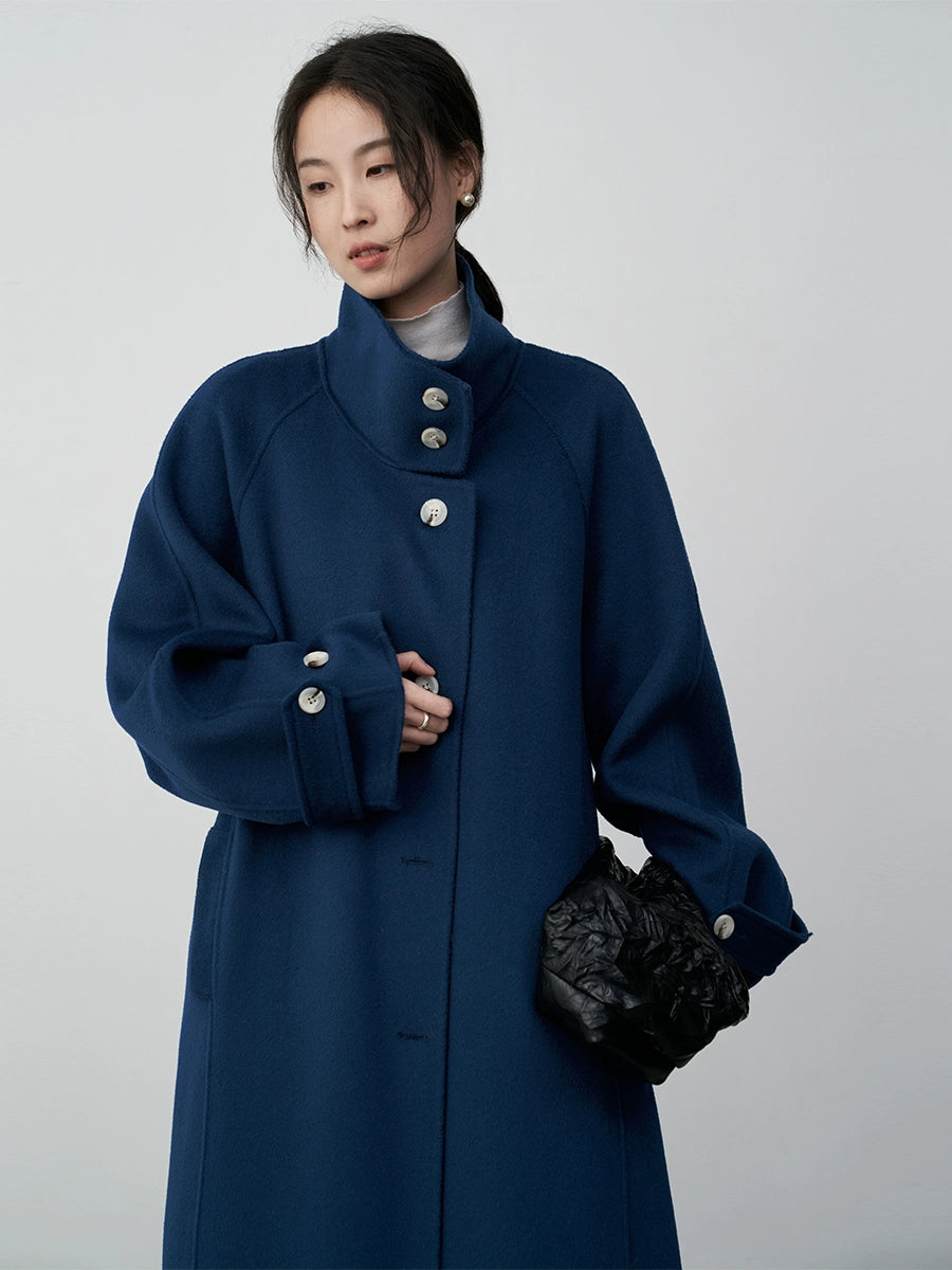 CAREMIND British retro premium blue thickened wool coat women's autumn and winter new double-sided woolen long coat