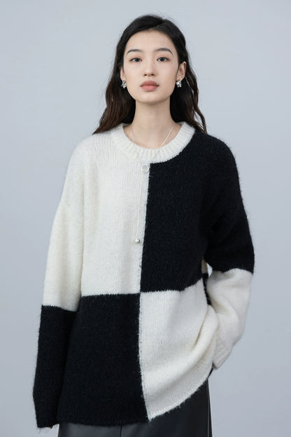 [Limited Time Offer] CAREMIND Mohair + Wool, Black and White Checkerboard Knitted Sweater Autumn New