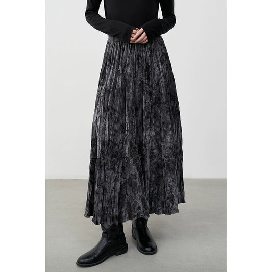 CAREMIND Gray national style ink splashing water ripple skirt high waist pleated texture velvet a word skirt autumn