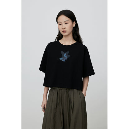 CAREMIND blue butterfly print short T-shirt small pure cotton design sense black short sleeve