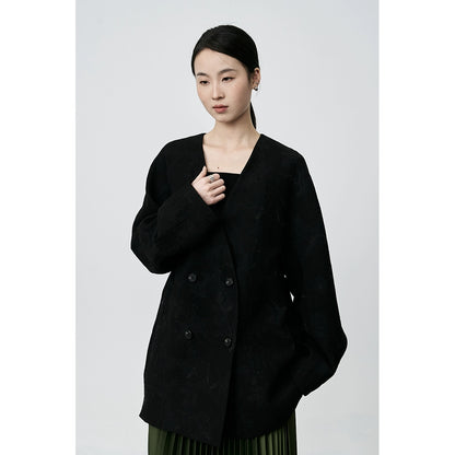 CAREMIND black chic collarless suit design Chinese dark pattern jacquard exquisite coat women