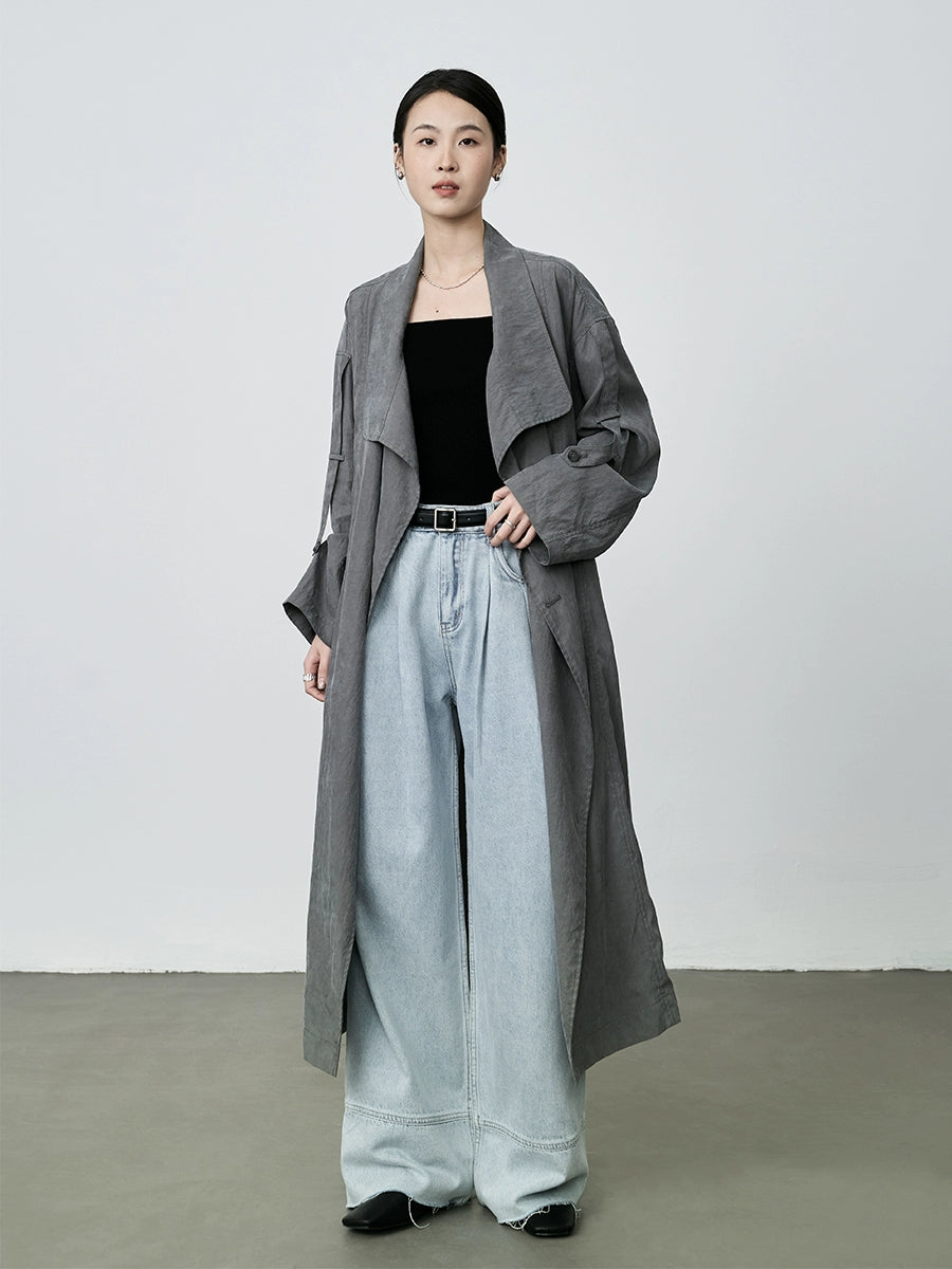 CAREMIND Casual loose gray medium and long trench coat French retro temperament thin coat women