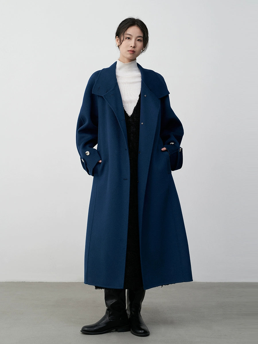 CAREMIND British retro premium blue thickened wool coat women's autumn and winter new double-sided woolen long coat