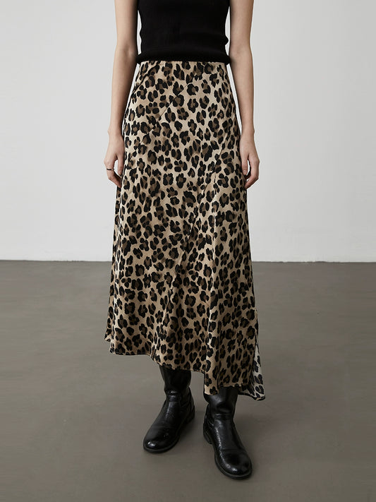 CAREMIND American niche leopard print design skirt irregular oblique trace A-shaped skirt long skirt