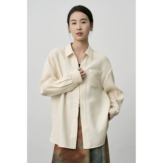 CAREMIND Casual salt double zipper texture shirt loose lazy wind cream fu shirt