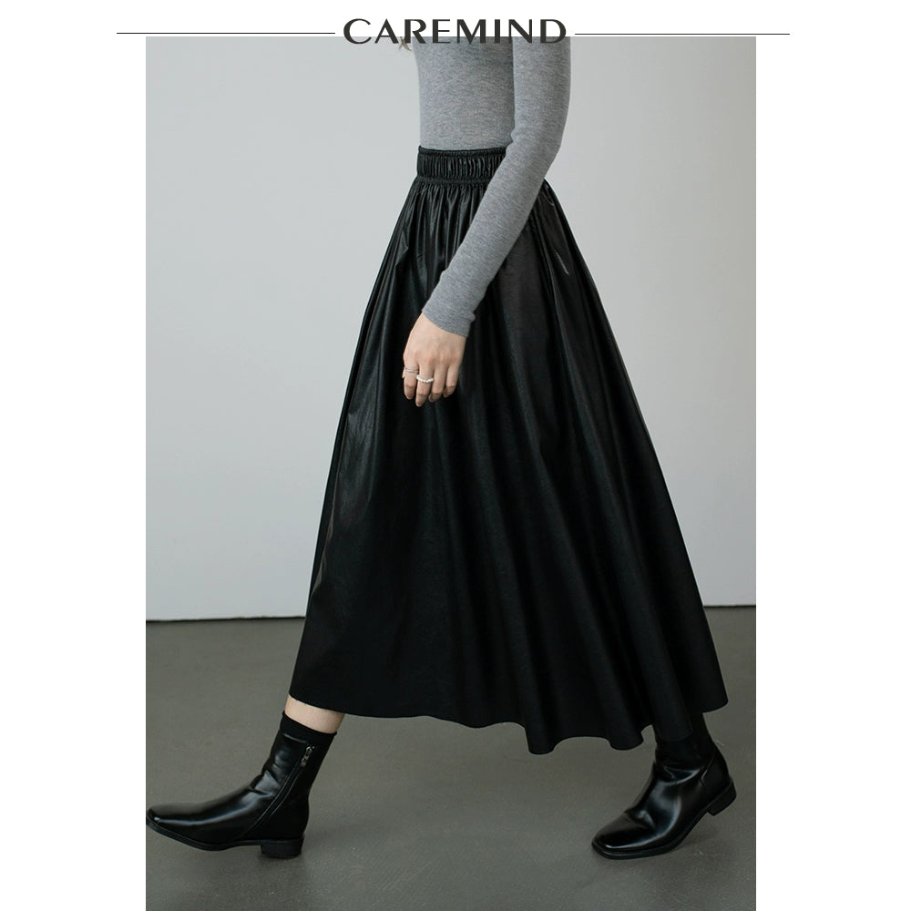 CAREMIND [Urban Street] Ball New PU Rubber Band Waist Skinny Leather Skirt Women's Imitation Sheepskin Skirt