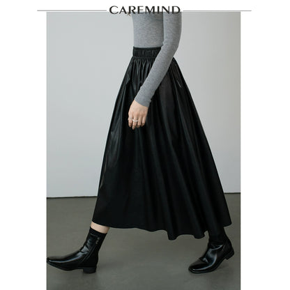 CAREMIND [Urban Street] Ball New PU Rubber Band Waist Skinny Leather Skirt Women's Imitation Sheepskin Skirt